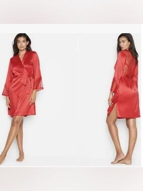Victoria’s Secret Lace Illusion Kimono Robe Red Satin Chantilly XS